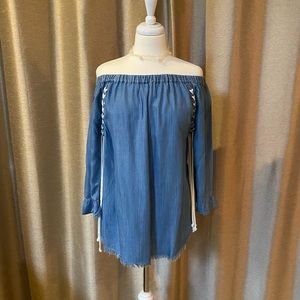Light denim off the shoulder blouse